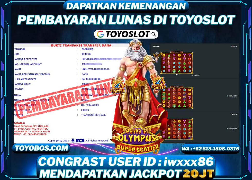 TOYOSLOT - BUKTI KEMENANGAN Gates Of Olympus Superscatter Rp20,000,000,- LUNAS